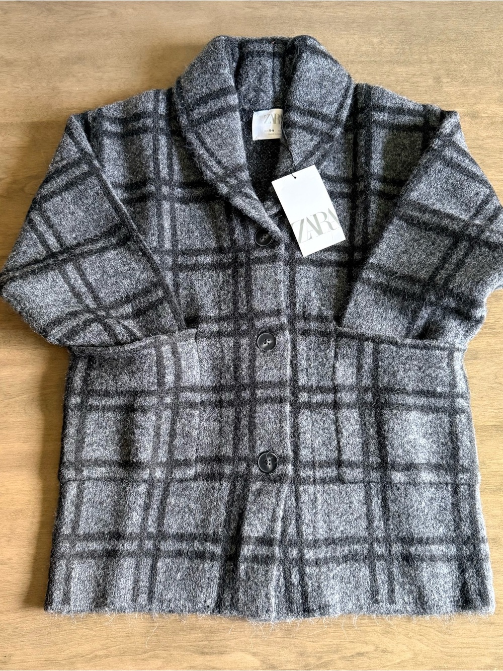 Zara Kids Gray Plaid Shawl-Collar Coat